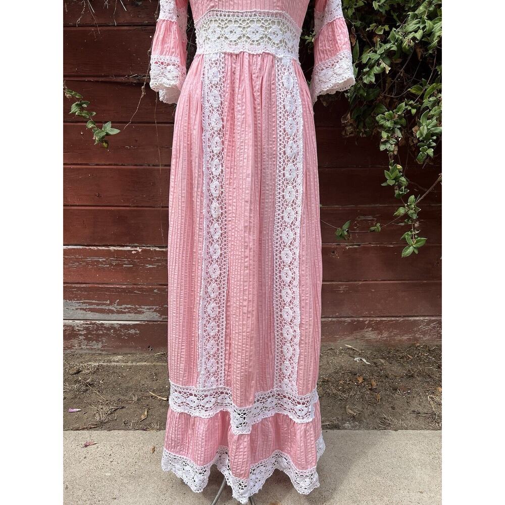 Vintage 60s Pink Lace Bell Sleeve Mexican Pintuck Wedding Bridal Maxi Dress - Picture 2 of 8